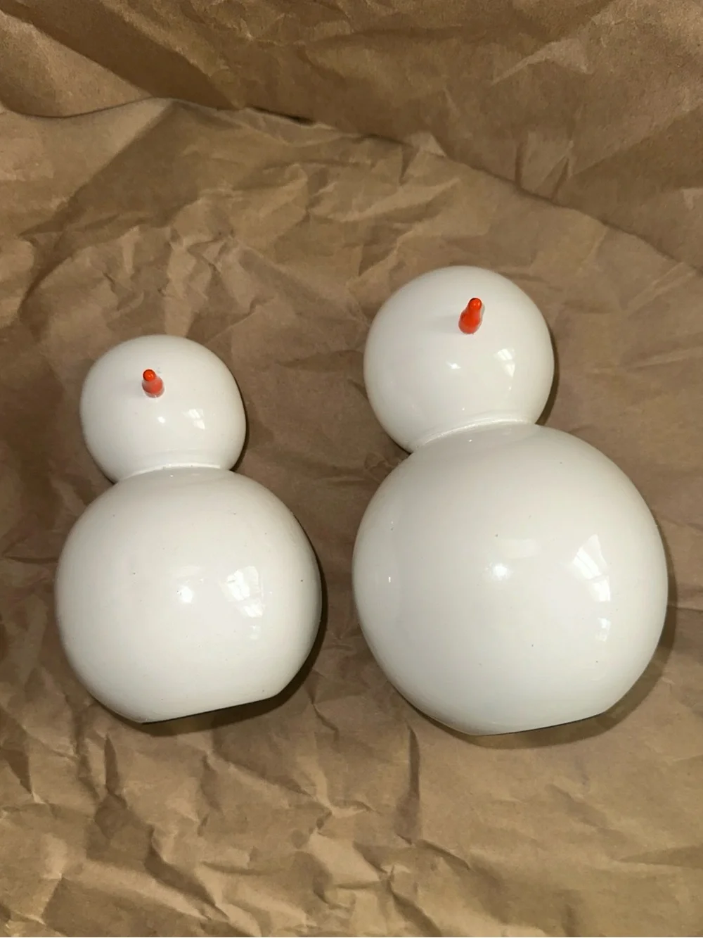 West Elm White glass/Lacquer 5” & 6”Snowman Figurines - Set of 2